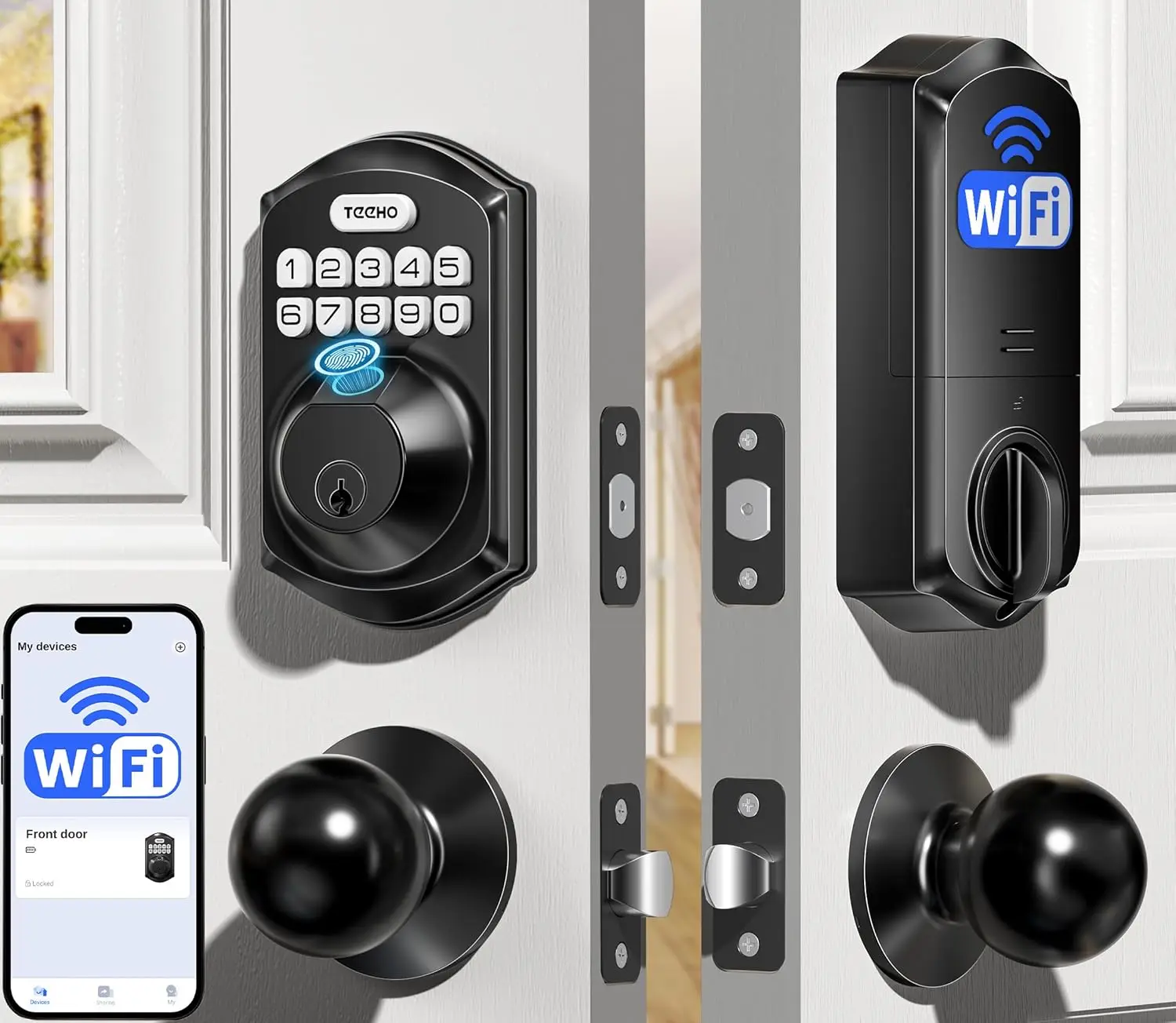 Smart Keyless Entry Door Lock with Fingerprint, Keypad & WiFi, Works with Alexa & Google, Matte Black
Smart Keyless Entry Door Lock with Fingerprint, Keypad & WiFi, Works with Alexa & Google, Matte Black