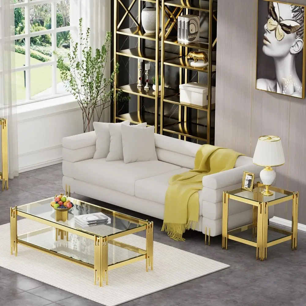 Glass Coee Table Set o 2 or Living Room, ern Design Living Room Tables Set, RecCoee Table and end Table Sets, StainlSteel Legs (
Glass Coee Table Set o 2 or Living Room, ern Design Living Room Tables Set, RecCoee Table and end Table Sets, StainlSteel Legs (