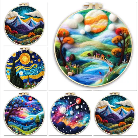 CHENISTORY Diy Wool Felt Painting Colorful Moon Scenery Starter Kit Creative Needle Felting Wool Painting With Frame Crafts Gift