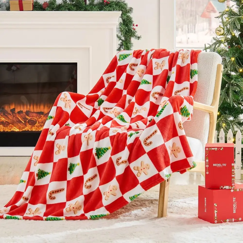 Red and White Checkered Christmas Blanket with Gingerbread, Candy Cane, and Tree Patterns, Plush Fleece, 50x60 inches
Red and White Checkered Christmas Blanket with Gingerbread, Candy Cane, and Tree Patterns, Plush Fleece, 50x60 inches