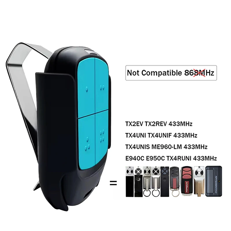 TX2EV TX2REV TX4UNI TX4UNIF TX4UNIS ME960-LM E940C E950C TX4RUNI Garage Door / Gate Remote Control 433MHz
TX2EV TX2REV TX4UNI TX4UNIF TX4UNIS ME960-LM E940C E950C TX4RUNI Garage Door / Gate Remote Control 433MHz