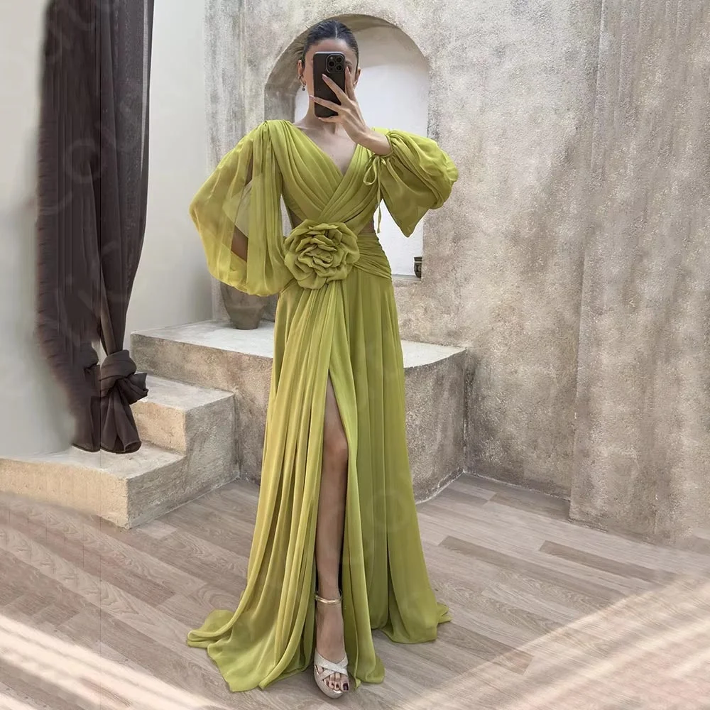 High Split Customized Women Evening Dress Cross Pleated Long Sleeve Flower Dress A Line Floor Length Pleated Prom Party Gown
High Split Customized Women Evening Dress Cross Pleated Long Sleeve Flower Dress A Line Floor Length Pleated Prom Party Gown