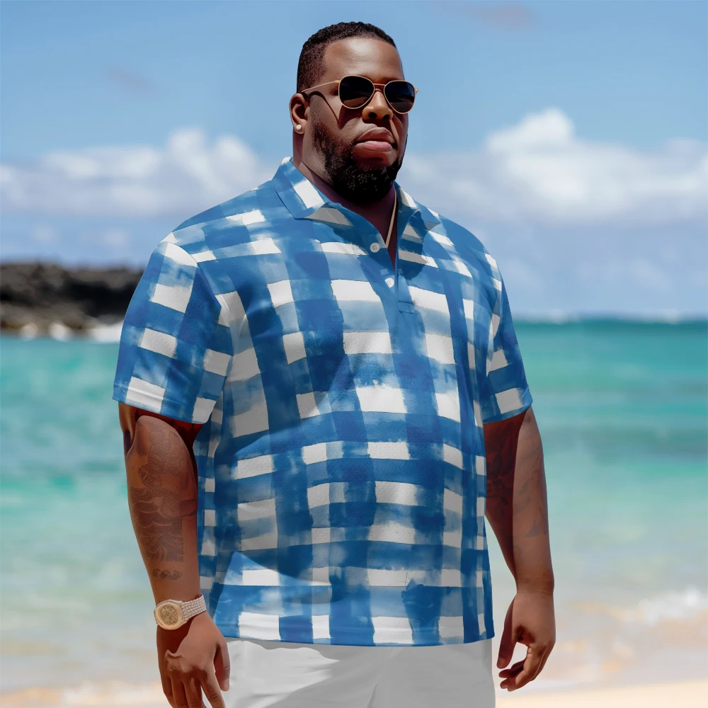 1 men's plus size polo shirt with summer blue and white checkered print casual lapel button suitable for shopping and golf
1 men's plus size polo shirt with summer blue and white checkered print casual lapel button suitable for shopping and golf