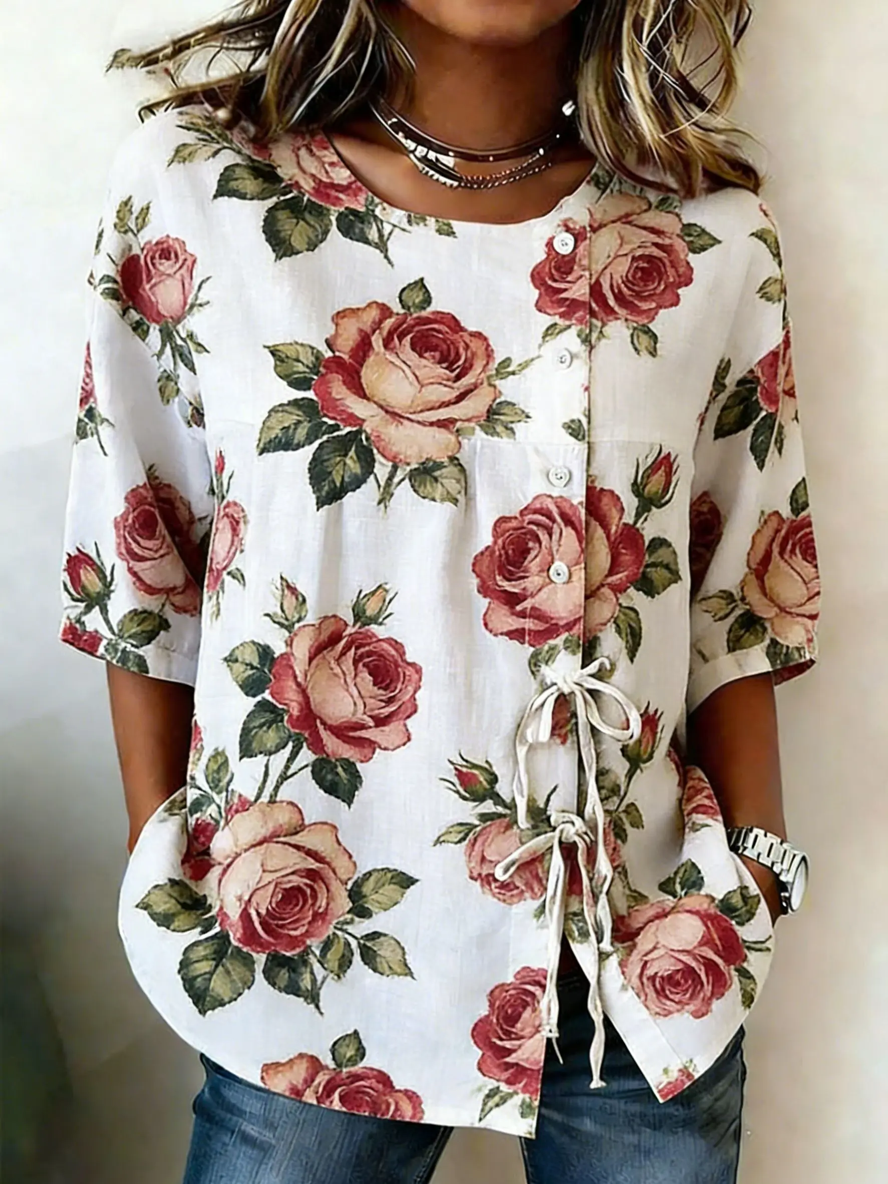 Women's Vintage Rose Floral Print Casual Blouse, Button Tie Front Loose Top with Pockets for Spring Summer Daily Wear
Women's Vintage Rose Floral Print Casual Blouse, Button Tie Front Loose Top with Pockets for Spring Summer Daily Wear