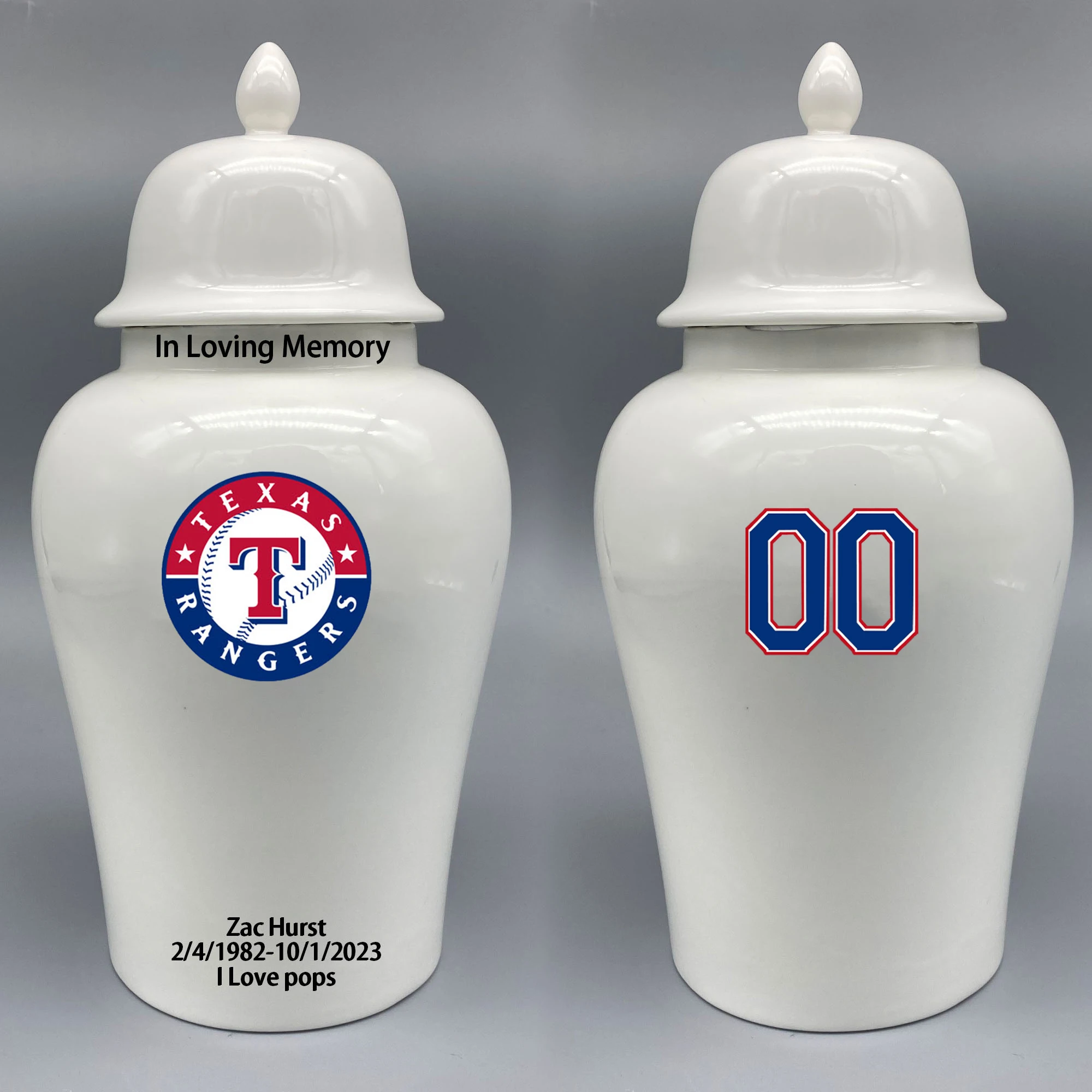 Large Urn for Texas Rangers-themed Logo Urn.Please send me the customize information-name/date and number on the urn
Large Urn for Texas Rangers-themed Logo Urn.Please send me the customize information-name/date and number on the urn