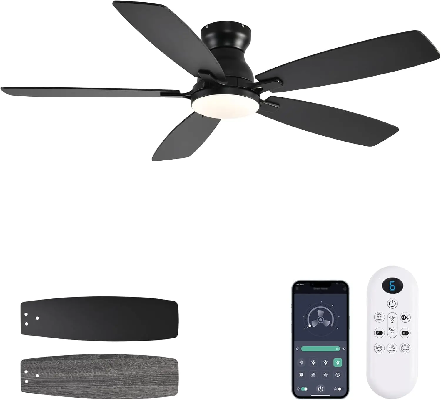 52" Ceiling Fan with Lights & Remote, 6 Speeds, Dimmable LED, Quiet DC Motor, Flush Mount, Black
52" Ceiling Fan with Lights & Remote, 6 Speeds, Dimmable LED, Quiet DC Motor, Flush Mount, Black
