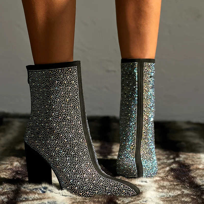 Блестящие ботильоны со стразами, женские осенне-зимние туфли больших размеров на толстом каблуке, женские ботинки на высоком каблуке с молнией сзади и кристаллами 
Блестящие ботильоны со стразами, женские осенне-зимние туфли больших размеров на толстом каблуке, женские ботинки на высоком каблуке с молнией сзади и кристаллами