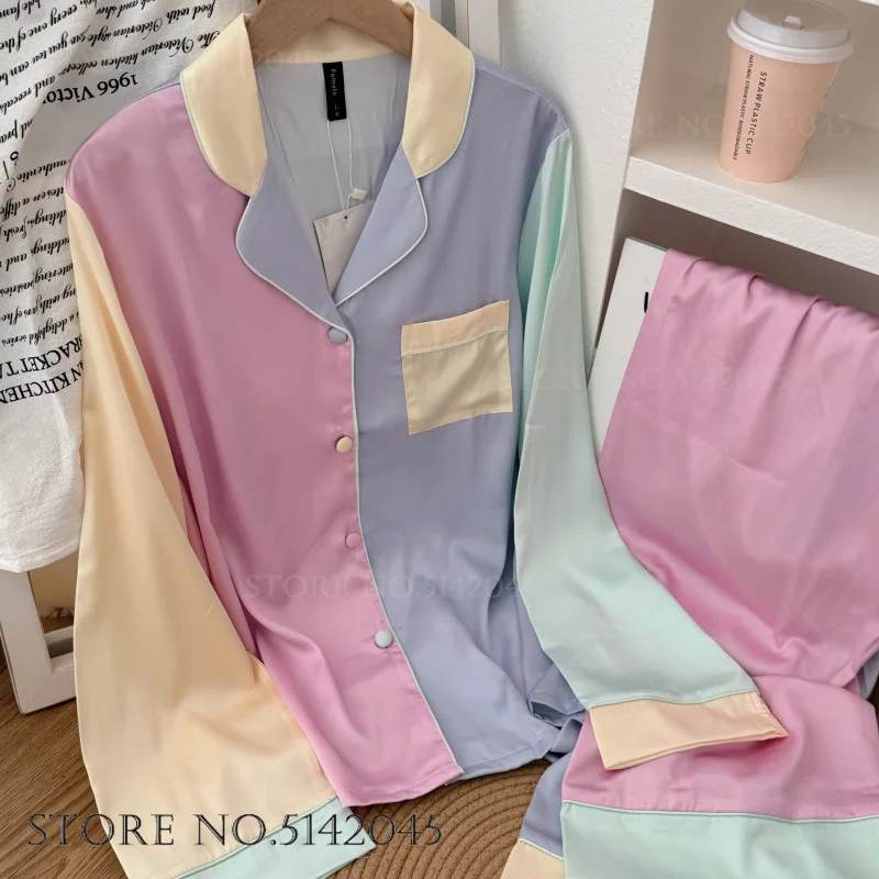 New Female Long Sleeve Pajamas Set Loungewear Patchwork Ice Silk Sleepwear Pijamas Suit Sweet Girls Nightwear Homewear Lingerie
New Female Long Sleeve Pajamas Set Loungewear Patchwork Ice Silk Sleepwear Pijamas Suit Sweet Girls Nightwear Homewear Lingerie