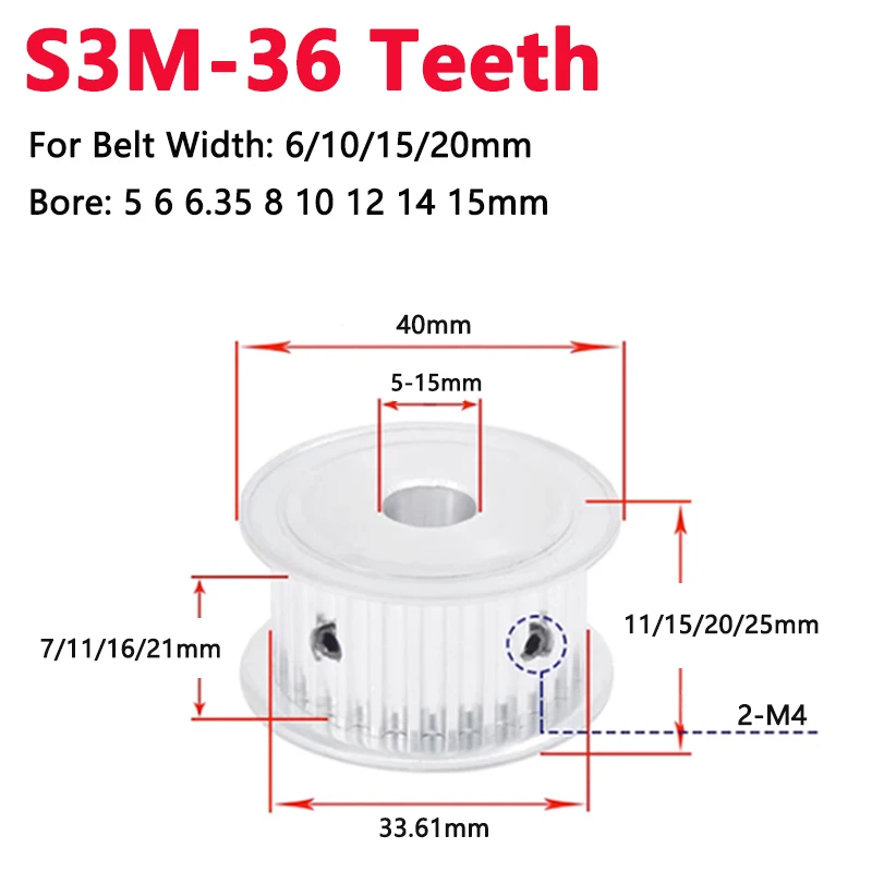 1pc 36 Teeth S3M Timing Pulley Aluminum Alloy 36T Synchronous Wheel For Belt Width 6 10 15 20mm Bore 5-15mm AF Type Pitch 3mm
1pc 36 Teeth S3M Timing Pulley Aluminum Alloy 36T Synchronous Wheel For Belt Width 6 10 15 20mm Bore 5-15mm AF Type Pitch 3mm