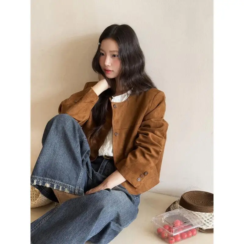 Осеннее короткое пальто цвета хаки для девочек в американском стиле, ретро с круглым вырезом, новые топы, модная темпераментная универсальная женская одежда, оптовая продажа