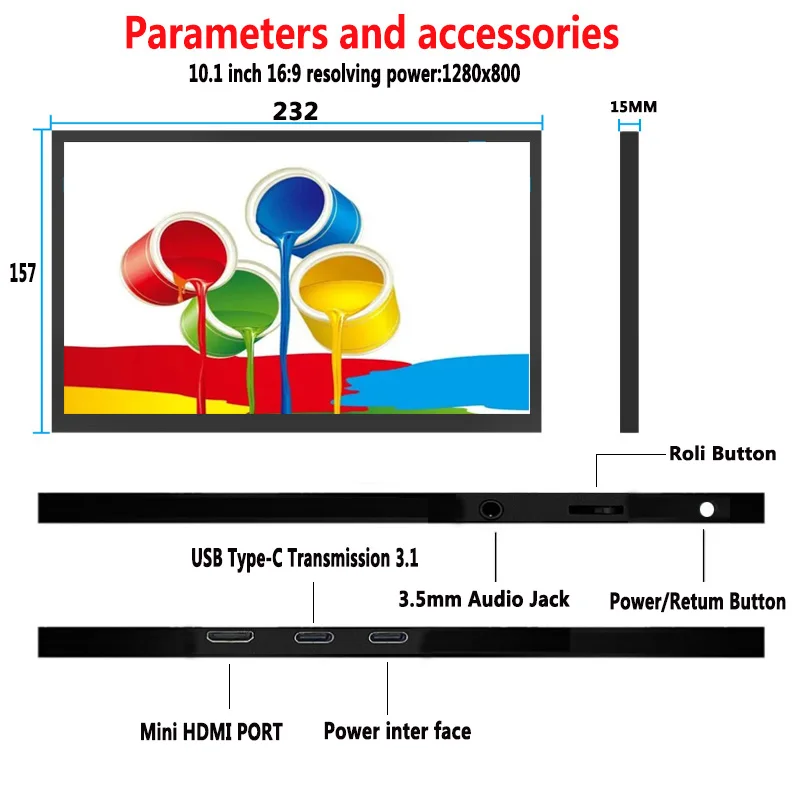 10.1 inch HDMI Monitor USB C Portable Screen 1280x800 10.1 inch Small-Scale Wide Extended Handheld Display for Laptop
10.1 inch HDMI Monitor USB C Portable Screen 1280x800 10.1 inch Small-Scale Wide Extended Handheld Display for Laptop