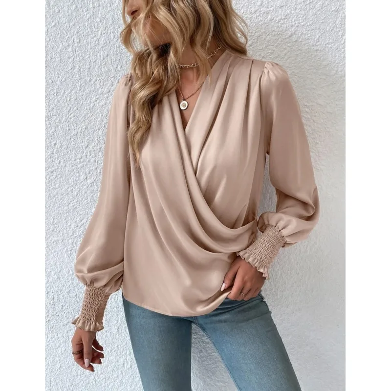 New Simple Cross Pleated V Neck Shirt Women's Spring Summer Solid Color Top Retro Lanternlong Sleeved Female White Office Blouse
New Simple Cross Pleated V Neck Shirt Women's Spring Summer Solid Color Top Retro Lanternlong Sleeved Female White Office Blouse