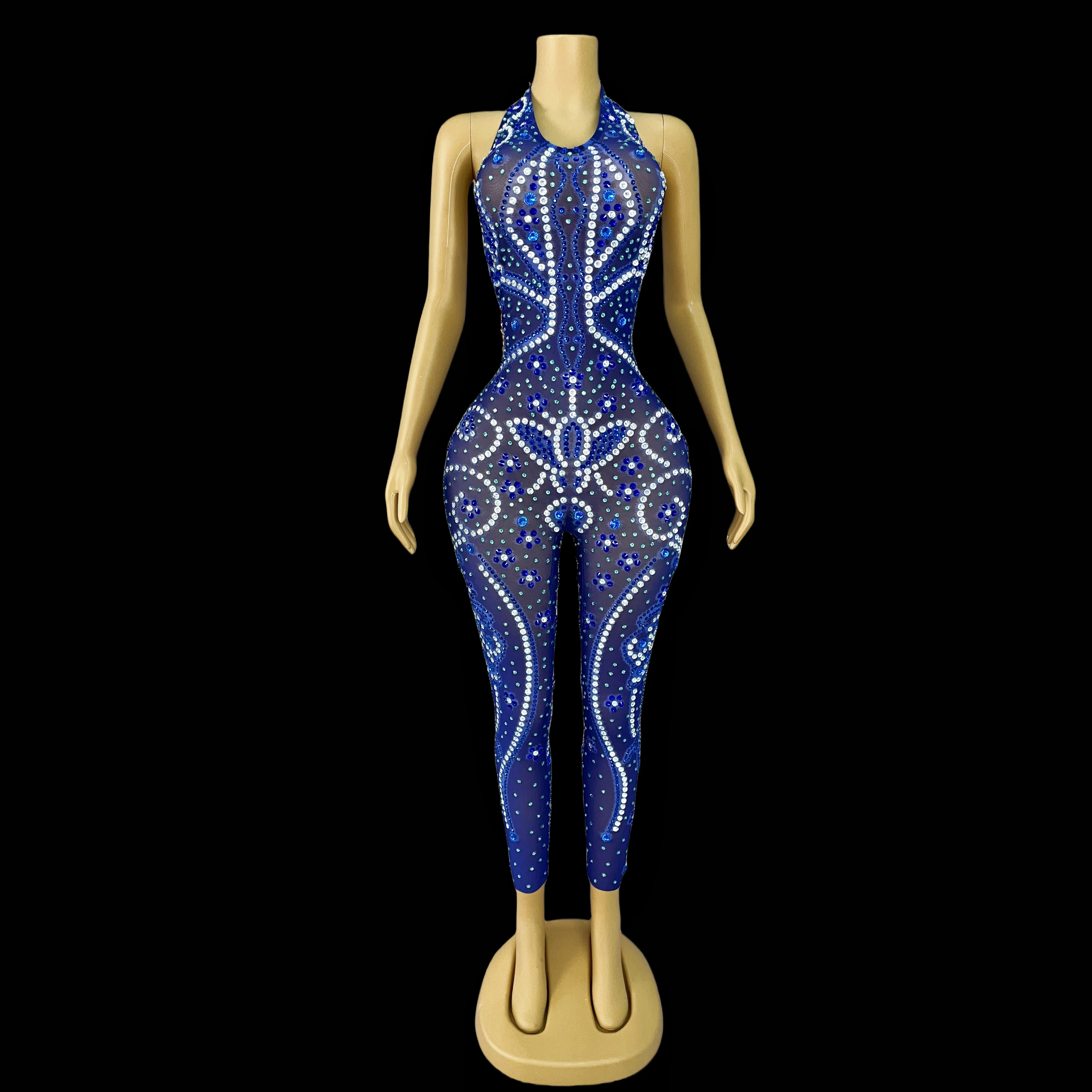 Dark blue rhinestone mesh halterneck backless jumpsuit for ladies bar party singer dancer jumpsuit show costumes Hualianye
Dark blue rhinestone mesh halterneck backless jumpsuit for ladies bar party singer dancer jumpsuit show costumes Hualianye