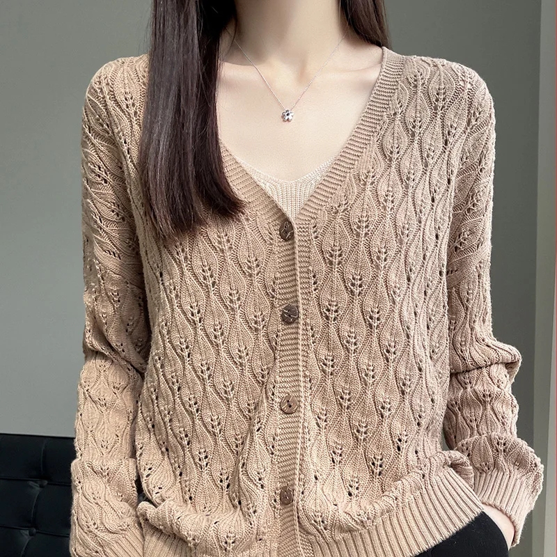 100% Cotton Thin Knitted Open Cardigan Women's Spring New Loose Fashionable V-neck Long Sleeve Hollow out Outerwear
100% Cotton Thin Knitted Open Cardigan Women's Spring New Loose Fashionable V-neck Long Sleeve Hollow out Outerwear