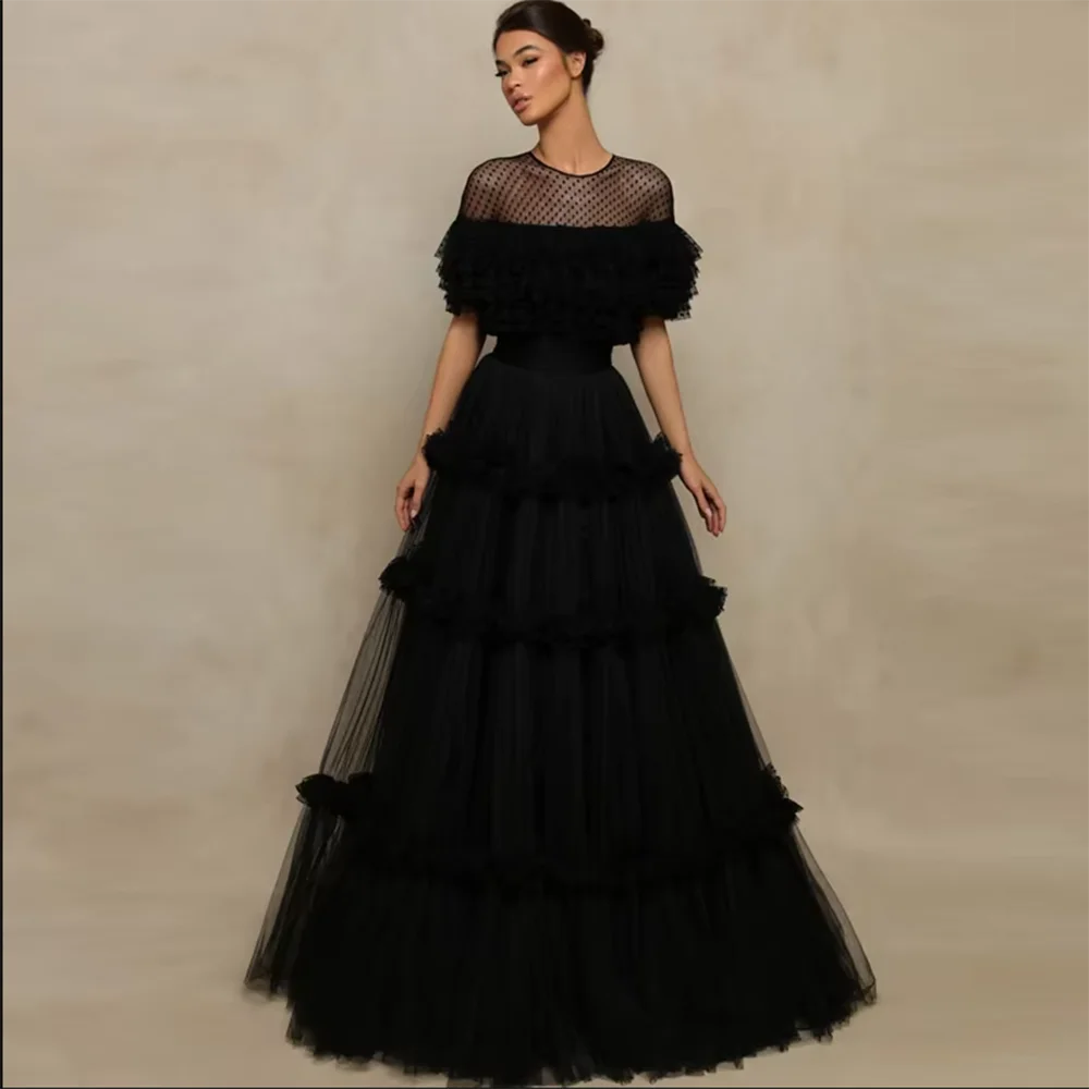 See Through Black Tulle Ball Gown O-neck Woman Clothes A-line Evening Dresses For Women Ruffled Prom Dress Short Sleeve Gown
See Through Black Tulle Ball Gown O-neck Woman Clothes A-line Evening Dresses For Women Ruffled Prom Dress Short Sleeve Gown