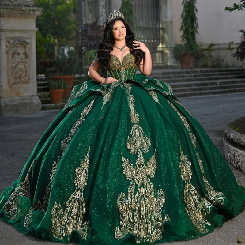 Dark Green Shiny Ball Gown Quinceanera Dresses Gold Applique Lace Beading Crystal Bow Tull Corset Off The Shoulder Sweet 16 Dres
Dark Green Shiny Ball Gown Quinceanera Dresses Gold Applique Lace Beading Crystal Bow Tull Corset Off The Shoulder Sweet 16 Dres