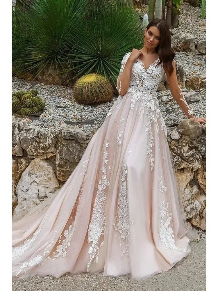Elegant Ivory and Champagne A-line Wedding Dresses Foral Lace Appliques Long Sleeves Customized Bridal Gown vestido de noiva
Elegant Ivory and Champagne A-line Wedding Dresses Foral Lace Appliques Long Sleeves Customized Bridal Gown vestido de noiva