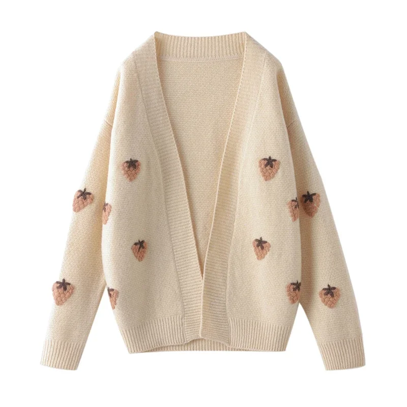 Autumn And Winter V-Neck Wool Cardigan Buttonless Women's Knitted Thick Sweater Medium Long Embroidered Strawberry Loose Top
Autumn And Winter V-Neck Wool Cardigan Buttonless Women's Knitted Thick Sweater Medium Long Embroidered Strawberry Loose Top