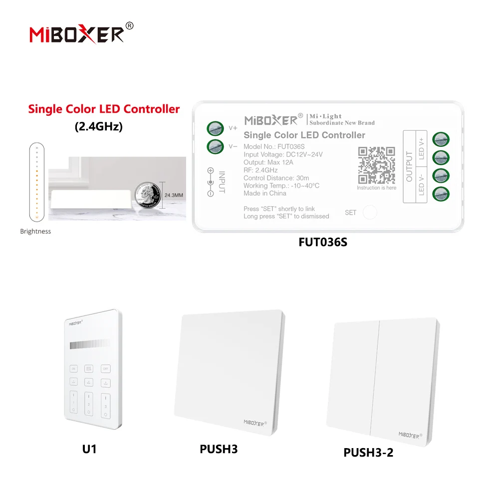 MiBoxer DC12~24V FUT036S+PUSH3/U1 2.4GHzRF Wireless Single Color 12A/Channel LED Controller For Single Color COB/Led Strip Light
MiBoxer DC12~24V FUT036S+PUSH3/U1 2.4GHzRF Wireless Single Color 12A/Channel LED Controller For Single Color COB/Led Strip Light
