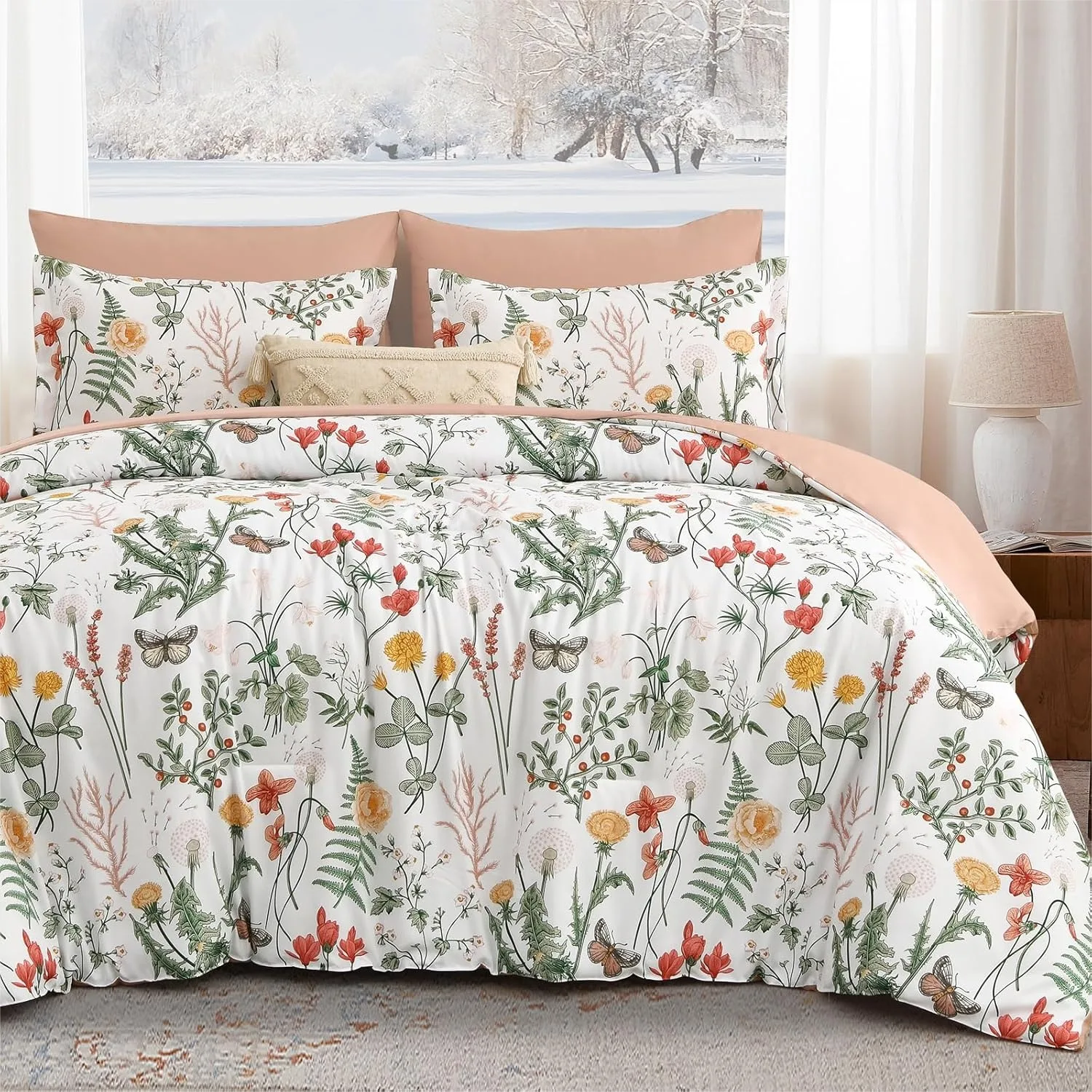 7 Piece Floral Comforter Set Queen Size, Pink Green Botanical Bedding Set with Sheets, Soft Microfiber All Season Bed in a Bag
7 Piece Floral Comforter Set Queen Size, Pink Green Botanical Bedding Set with Sheets, Soft Microfiber All Season Bed in a Bag