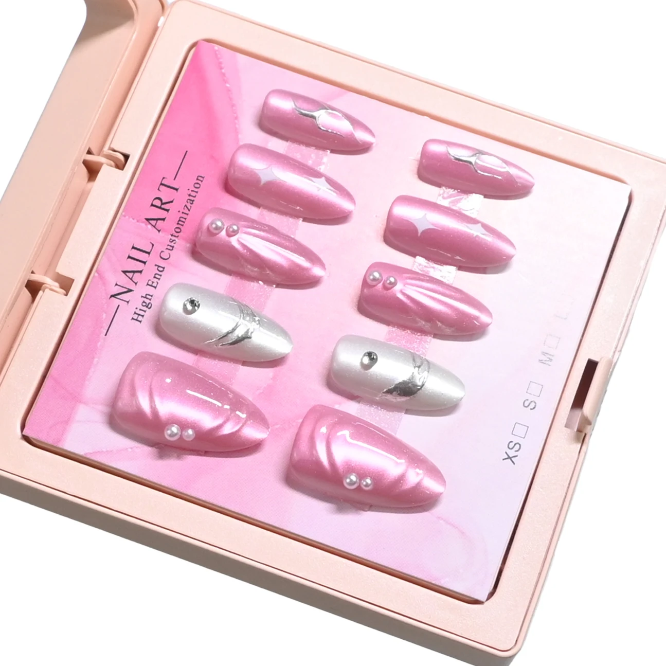 10handmade almond nails in pink case. Pink-silver cat-eye with pearls, silver foil & star decor. Reusable, sweet design for dail
10handmade almond nails in pink case. Pink-silver cat-eye with pearls, silver foil & star decor. Reusable, sweet design for dail