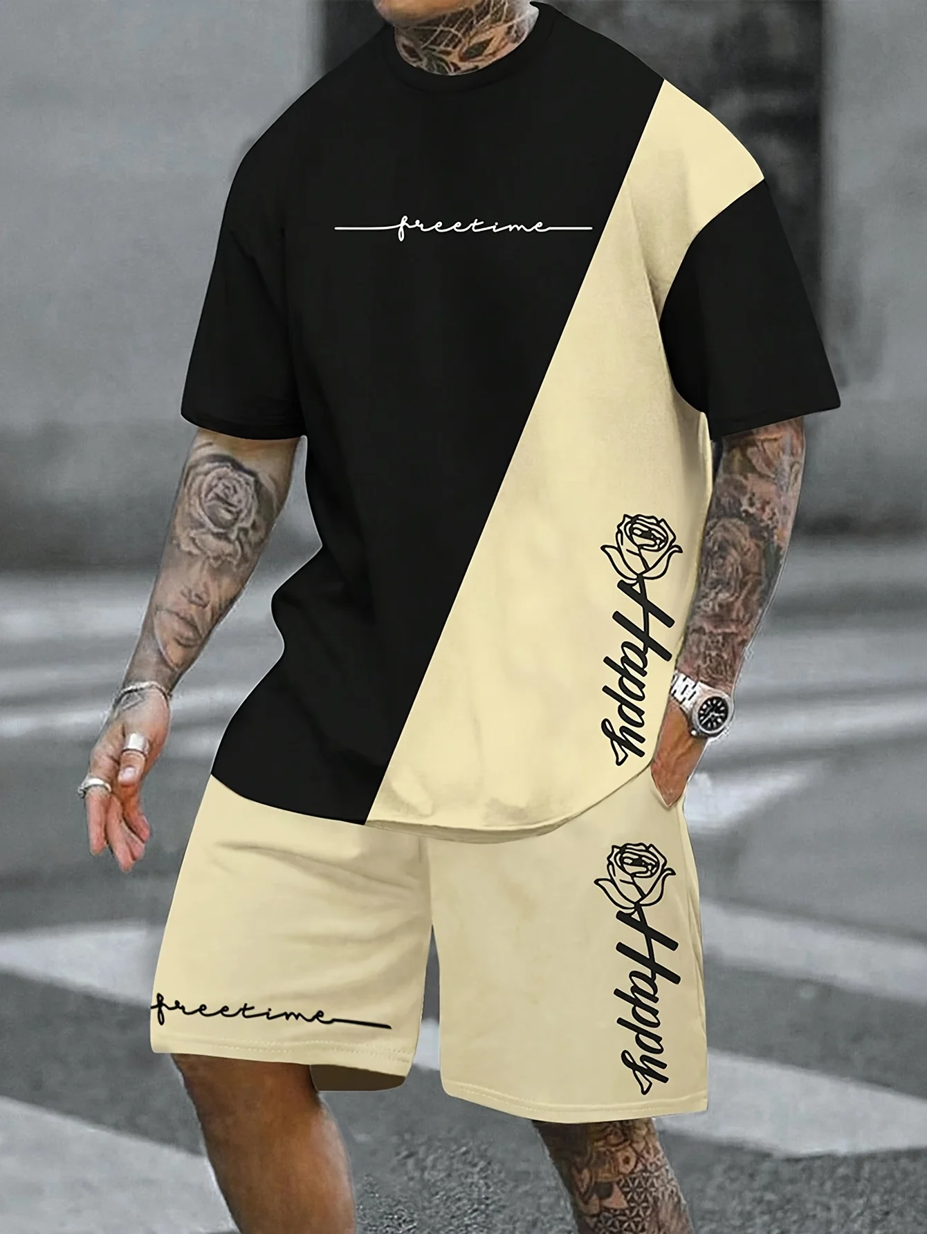 Men's casual two-piece set round neck short-sleeved T-shirt and drawstring pocket shorts, color block alphabet
Men's casual two-piece set round neck short-sleeved T-shirt and drawstring pocket shorts, color block alphabet
