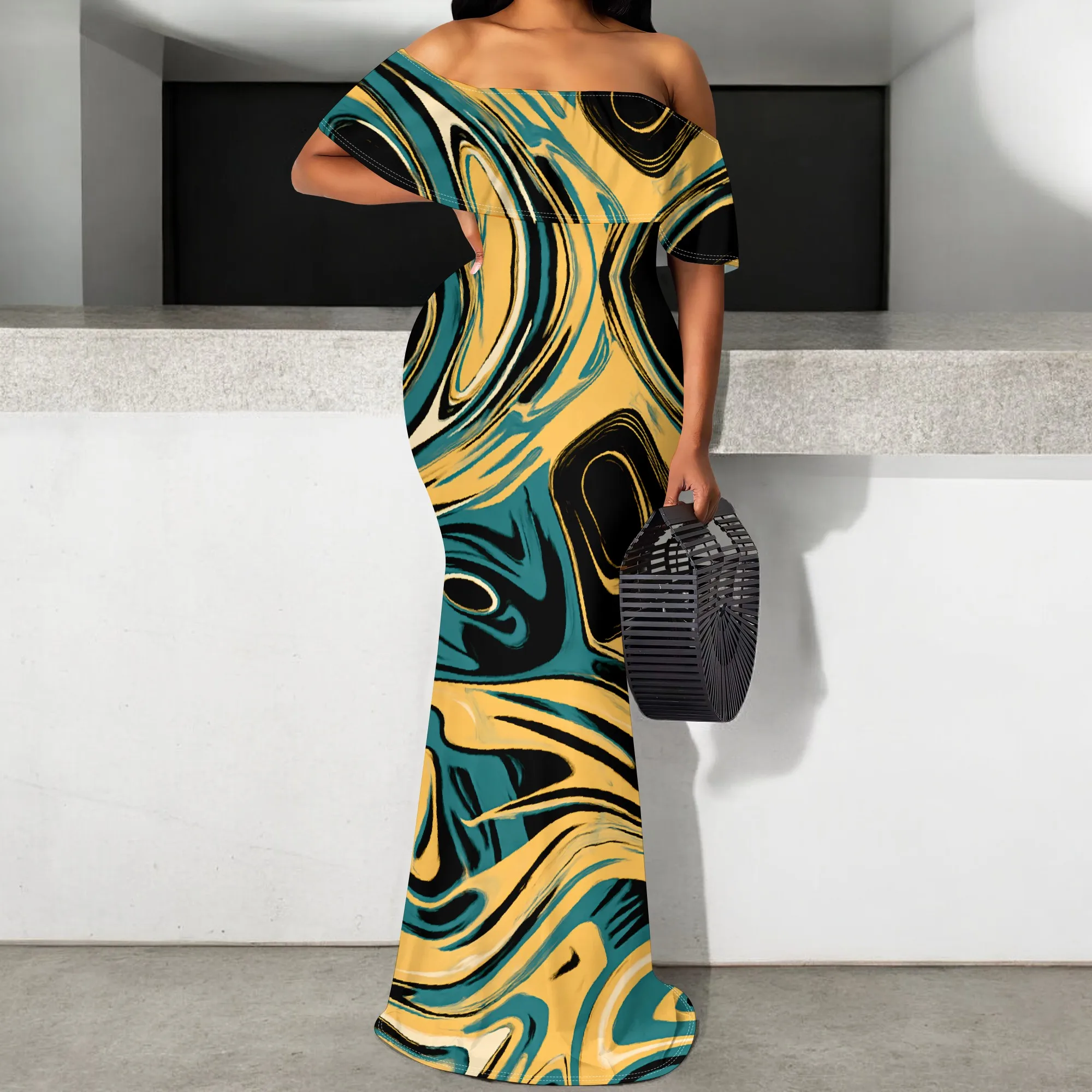 Yellow Teal Swirl Print Off-Shoulder Maxi Dress S-3XL for Summer Party, Art Show or Elegant Night Out Look
Yellow Teal Swirl Print Off-Shoulder Maxi Dress S-3XL for Summer Party, Art Show or Elegant Night Out Look