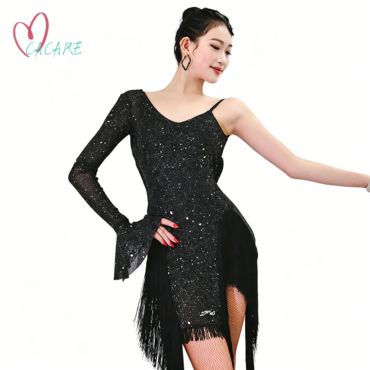 Women's Sparkly Latin Dance Dress One Long Sleeve Open Back Fringe Tassel Asymmetrical for Salsa Cha Cha Rumba Competition 567
Women's Sparkly Latin Dance Dress One Long Sleeve Open Back Fringe Tassel Asymmetrical for Salsa Cha Cha Rumba Competition 567