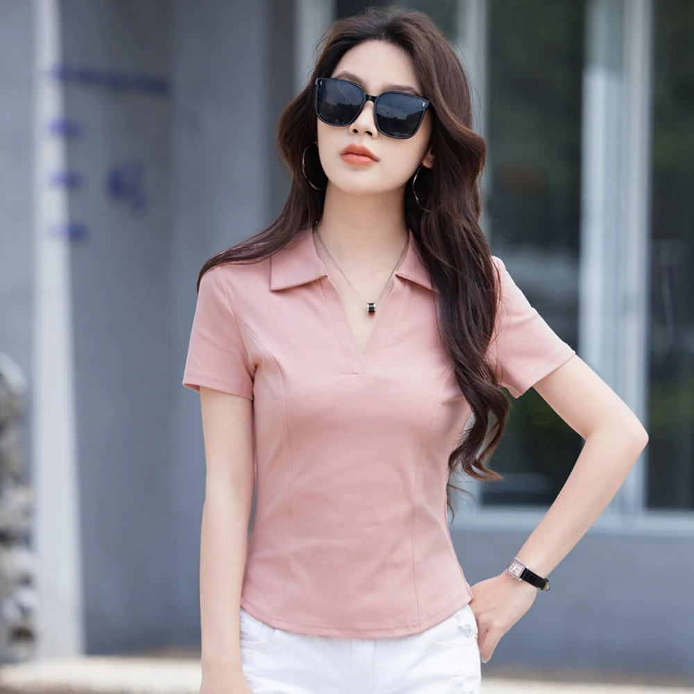 Korean style pink lapel short sleeved T-shirt for women's summer new high-end cotton fashion plus V-neck casual top
Korean style pink lapel short sleeved T-shirt for women's summer new high-end cotton fashion plus V-neck casual top