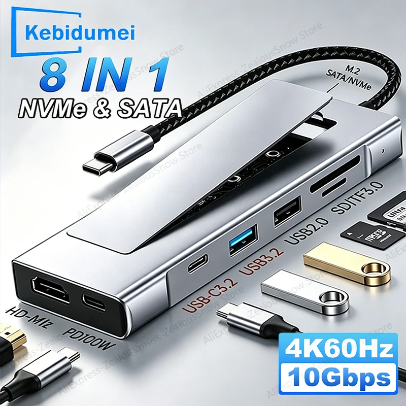 KEBIDUMEI 8-in-1 M.2 SSD HUB USB C Docking Station M.2 SATA NVME SSD Type C to HDTV 4K60Hz USB 3.2 Splitter SD/TF Reader For PC
KEBIDUMEI 8-in-1 M.2 SSD HUB USB C Docking Station M.2 SATA NVME SSD Type C to HDTV 4K60Hz USB 3.2 Splitter SD/TF Reader For PC