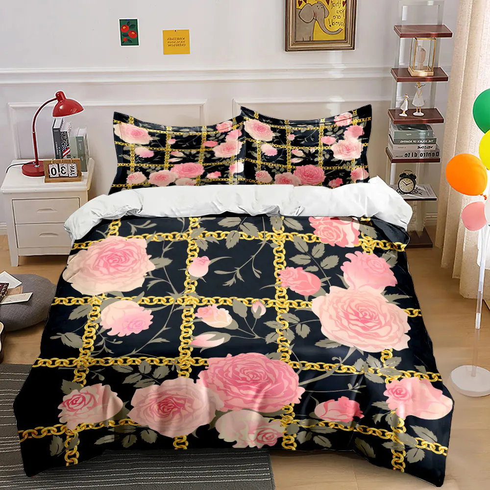 Pink roses with golden chains Duvet Cover Set with 3D Printing Design Soft Polyester Bedding Set All-Season Comfort for gifts
Pink roses with golden chains Duvet Cover Set with 3D Printing Design Soft Polyester Bedding Set All-Season Comfort for gifts
