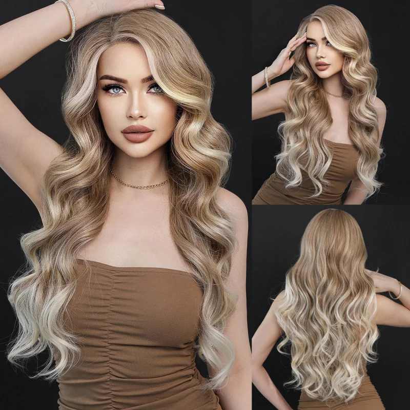 Gradient beige European and American style long curly hair side-parted large wavy lace synthetic fiber full wig
Gradient beige European and American style long curly hair side-parted large wavy lace synthetic fiber full wig