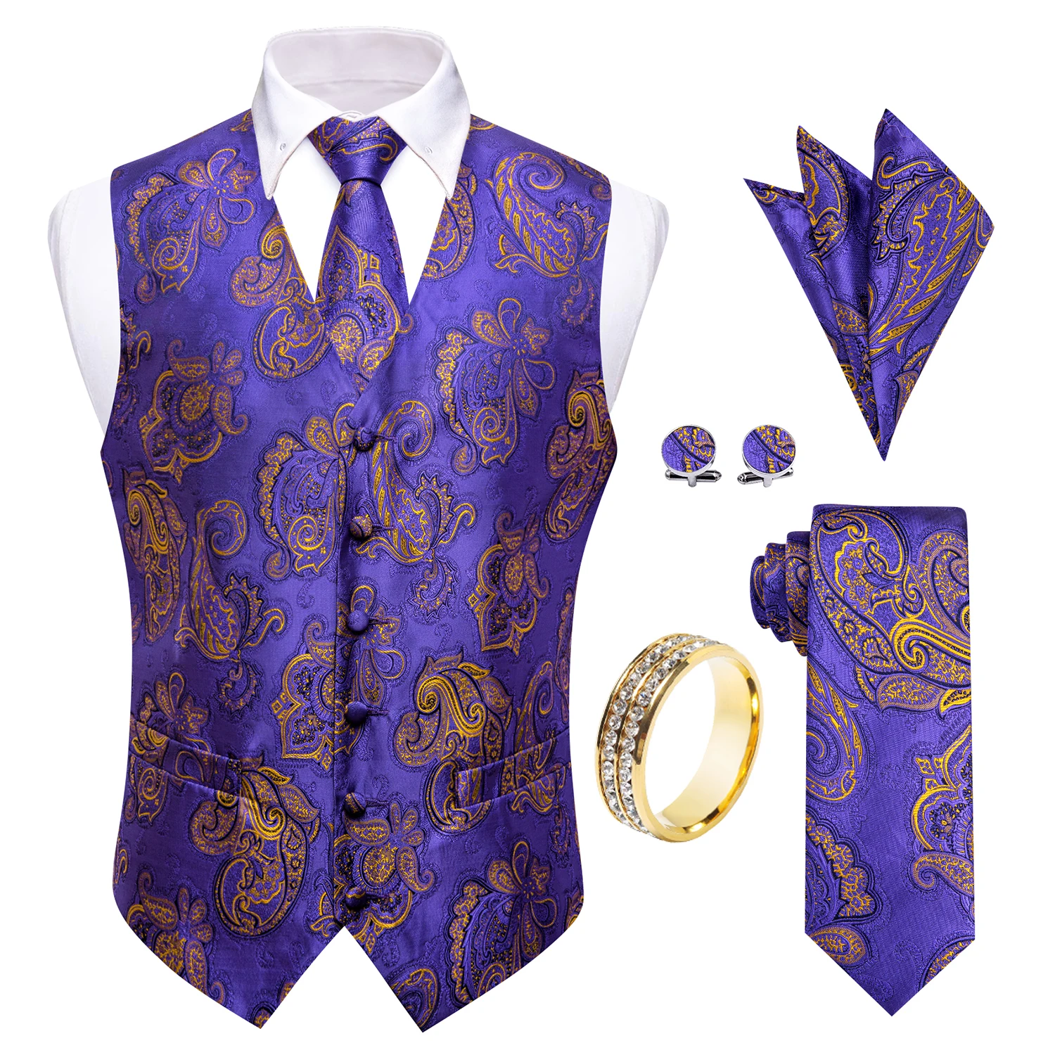Purple Gold Paisley V-Neck Waistcoat 5Pcs Set Tie Square Cufflinks Shiny Ring For Engagement Prom Ceremony
Purple Gold Paisley V-Neck Waistcoat 5Pcs Set Tie Square Cufflinks Shiny Ring For Engagement Prom Ceremony