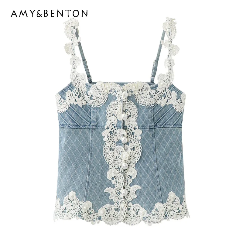 Lace Hollow Out Splicing Pearl Buckle Denim Women's Sling Vests 2026 Summer New Slimming Long Jeans Temperament Suits Ladies
Lace Hollow Out Splicing Pearl Buckle Denim Women's Sling Vests 2026 Summer New Slimming Long Jeans Temperament Suits Ladies