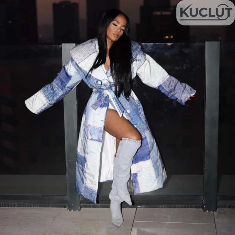 Elegant Cotton-Padded X-Long Coat Women Fashion Denim Patch Printed Large Lapel Lace-Up Jacket Streetwear Loose Thick Overcoat
Elegant Cotton-Padded X-Long Coat Women Fashion Denim Patch Printed Large Lapel Lace-Up Jacket Streetwear Loose Thick Overcoat
