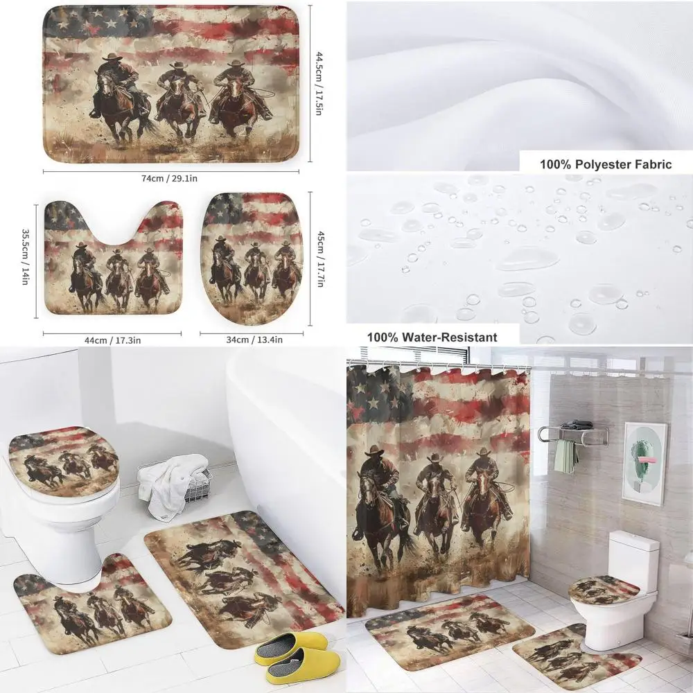 72 American Flag Cowboy Themed Shower Curtain Set with Matching Rugs & Bath Mat
72 American Flag Cowboy Themed Shower Curtain Set with Matching Rugs & Bath Mat