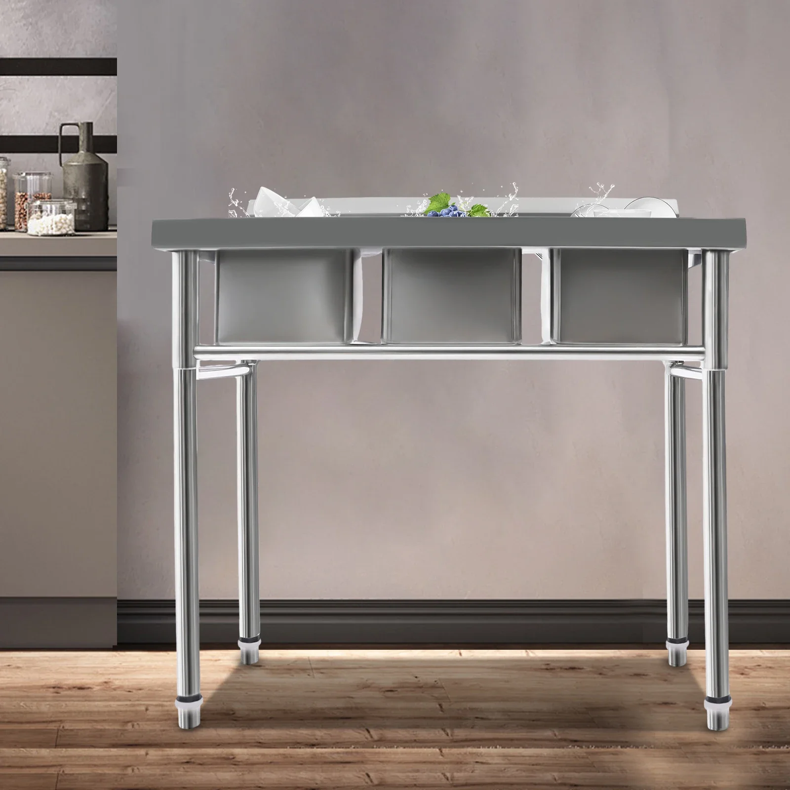 3 Compartment Utility Sink,Free Standing Triple Bowl Kitchen Sink with Cold and Hot Water Faucet, Stainless Steel Bowl
3 Compartment Utility Sink,Free Standing Triple Bowl Kitchen Sink with Cold and Hot Water Faucet, Stainless Steel Bowl