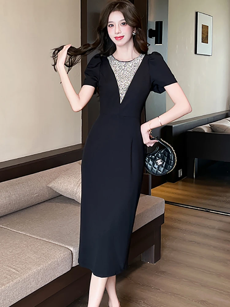 Summer Black Patchwork Diamonds Sequins Midi Dress Women Vintage Hepburn Prom Clothes 2025 Korean Elegant Luxury Evening Dresses
Summer Black Patchwork Diamonds Sequins Midi Dress Women Vintage Hepburn Prom Clothes 2025 Korean Elegant Luxury Evening Dresses