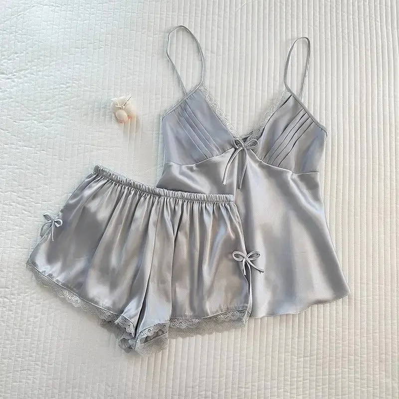 Sleepwear Women Pajamas Set Solid Ice Silk Soft Fabric with Bow Mesh Trim Casual Cami Top and Shorts Sets Loungewear Summer
Sleepwear Women Pajamas Set Solid Ice Silk Soft Fabric with Bow Mesh Trim Casual Cami Top and Shorts Sets Loungewear Summer