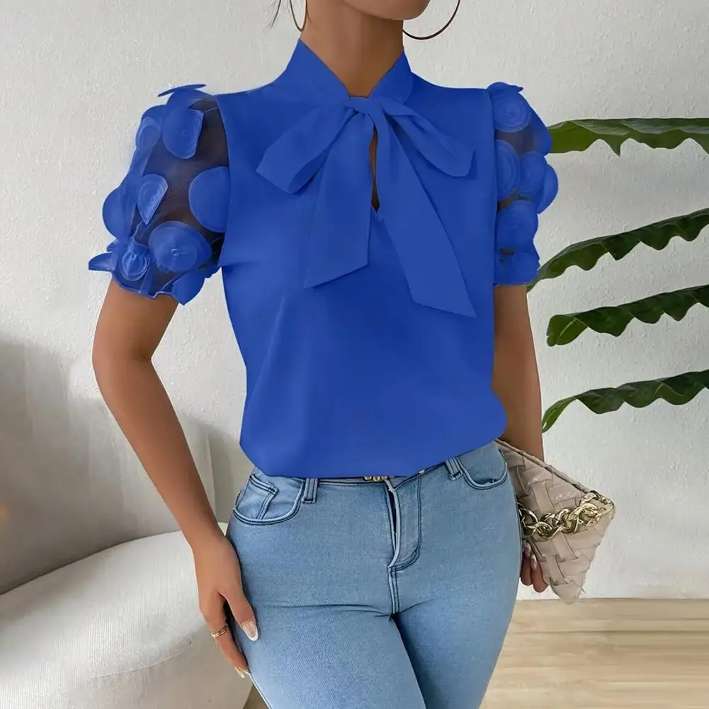 Women Shirt With Tied Bow Neckline Mesh Jacquard Short Sleeves Casual Shirt Solid Color Blouse Daily Wear
Women Shirt With Tied Bow Neckline Mesh Jacquard Short Sleeves Casual Shirt Solid Color Blouse Daily Wear