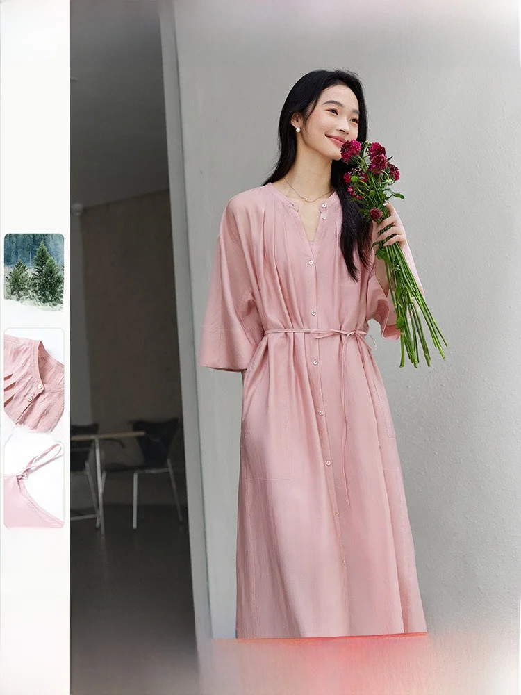 Fashionable V-Neck Pleated Raseel Pink Dress Women's New Lazy Style Seven-Quarter Sleeve Dress Casual Loose Waist Design
Fashionable V-Neck Pleated Raseel Pink Dress Women's New Lazy Style Seven-Quarter Sleeve Dress Casual Loose Waist Design
