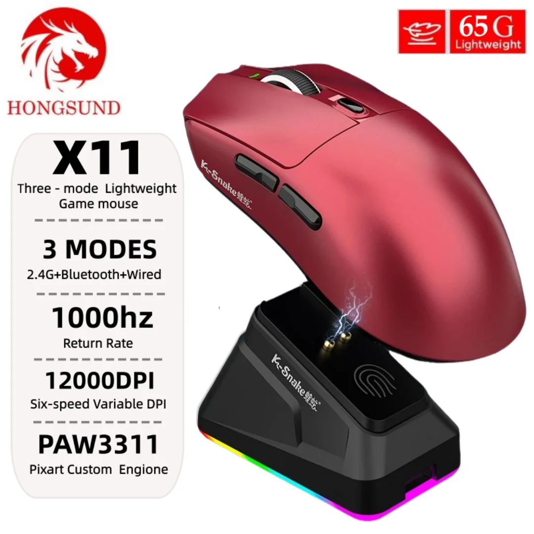 Hongsund Snake X11 PAW3311 Bluetooth Mouse,2.4 Tri-Mode Connection RGB Touch Magnetic Charging Base Macro Gaming Mouse
Hongsund Snake X11 PAW3311 Bluetooth Mouse,2.4 Tri-Mode Connection RGB Touch Magnetic Charging Base Macro Gaming Mouse
