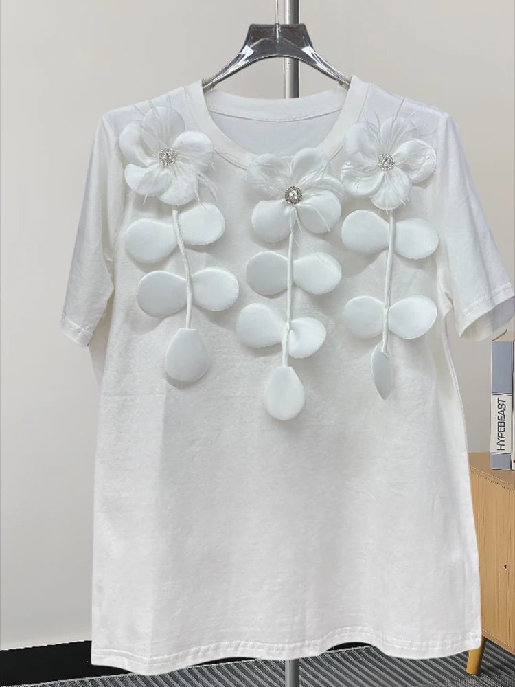 Diamond studded tassel three-dimensional flower short sleeved T-shirt summer slimming solid color casual round neck top
Diamond studded tassel three-dimensional flower short sleeved T-shirt summer slimming solid color casual round neck top