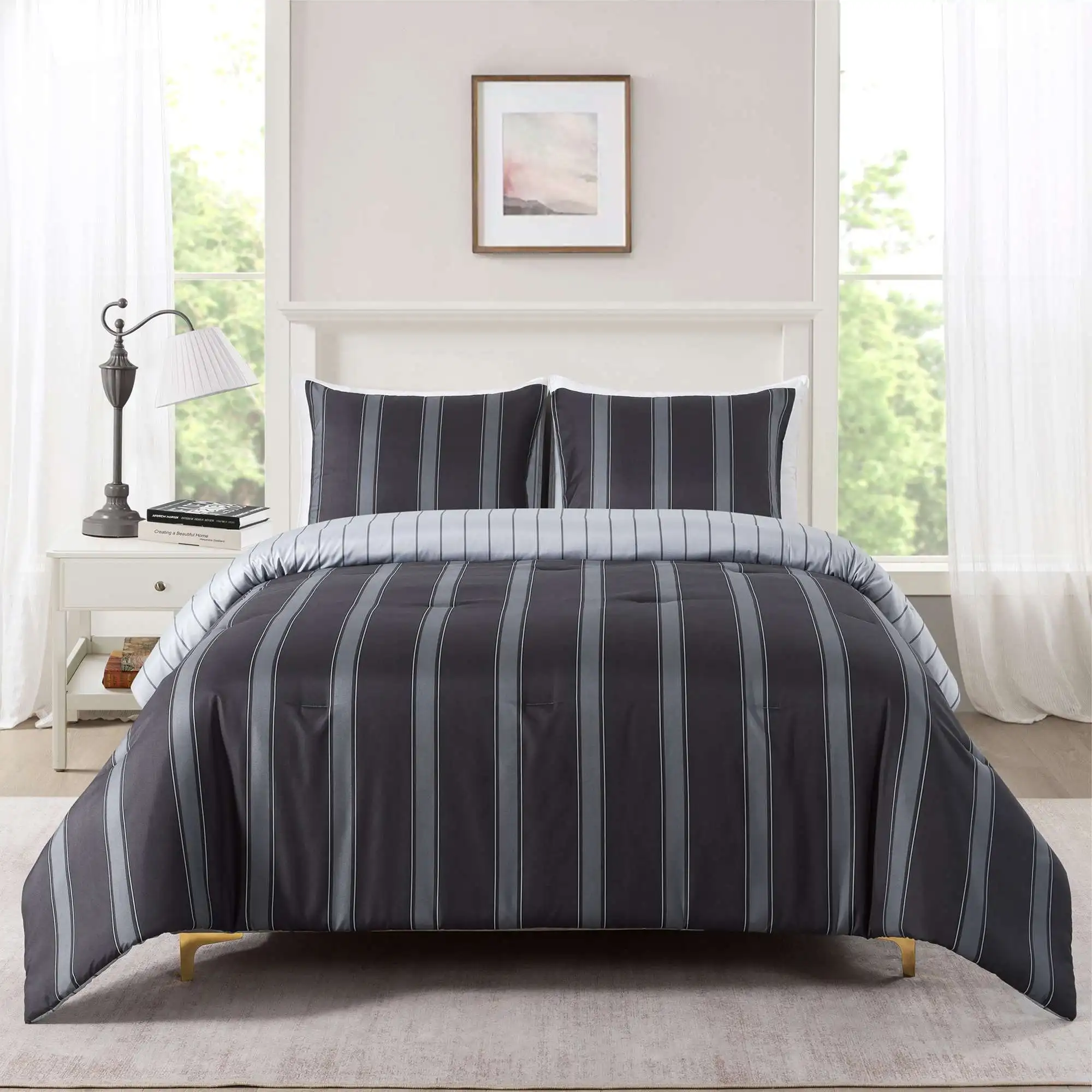 King Comforter Set All-Season 3-Piece Dark Grey Striped
King Comforter Set All-Season 3-Piece Dark Grey Striped