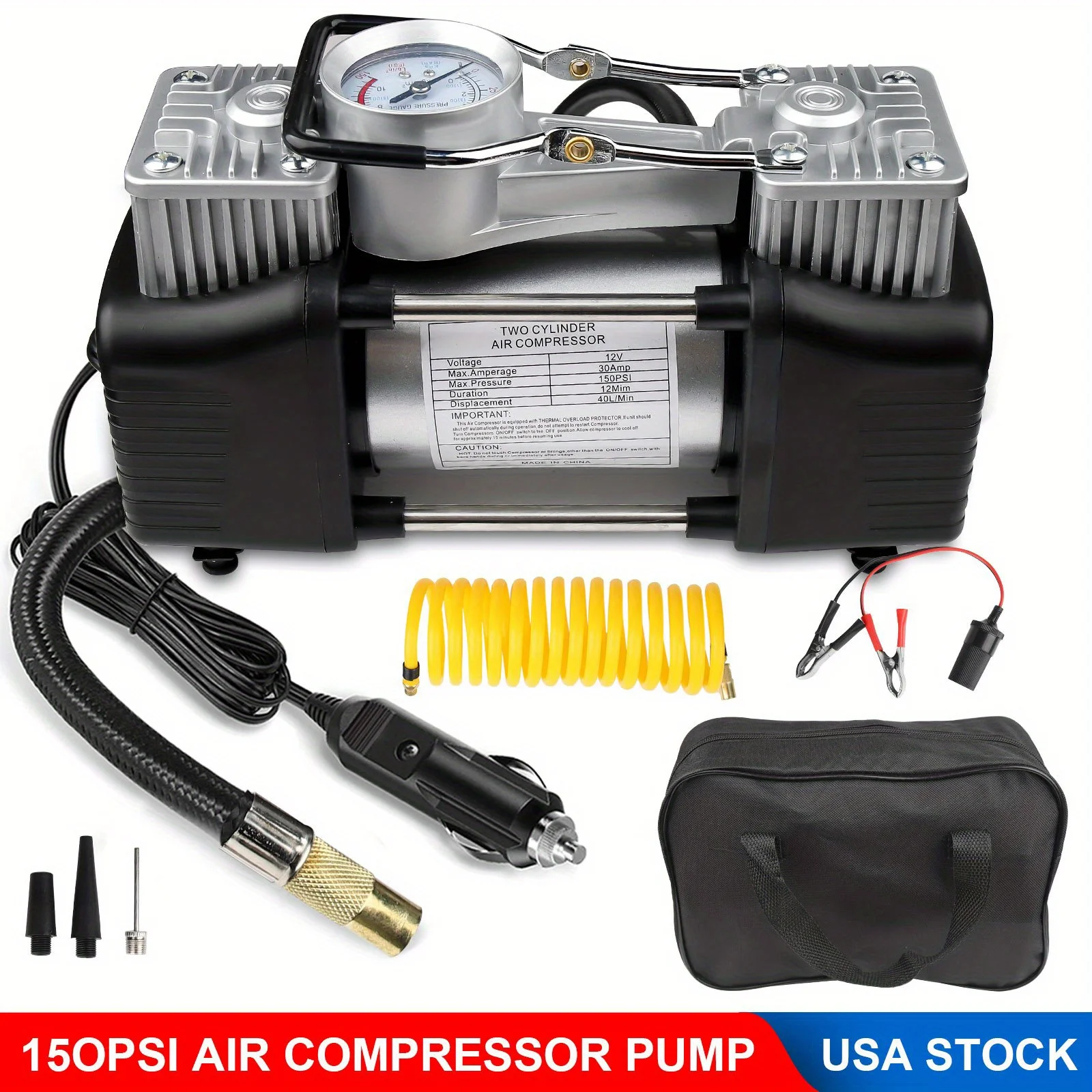 150 PSI Portable Air Compressor Tire Inflator - Mini Bike, Auto, Motorcycle, and Ball Pump with Pressure Gauge & Accessories, Black, Air Pump for Car Tires, Essential Road Trip Accessories
150 PSI Portable Air Compressor Tire Inflator - Mini Bike, Auto, Motorcycle, and Ball Pump with Pressure Gauge & Accessories, Black, Air Pump for Car Tires, Essential Road Trip Accessories