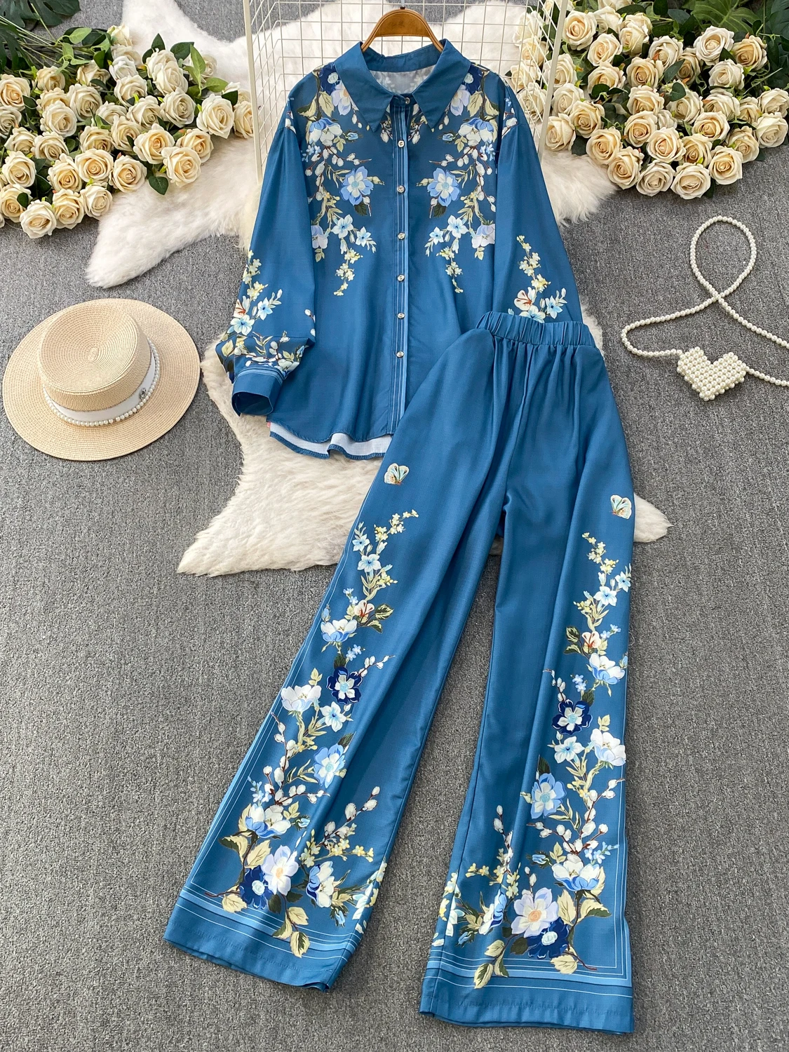 Retro Loose Open Cardigan Commute Printed Long Sleeve Sun Protection Shirt Two-Piece Set High Waist Slim Wide Leg Pants
Retro Loose Open Cardigan Commute Printed Long Sleeve Sun Protection Shirt Two-Piece Set High Waist Slim Wide Leg Pants