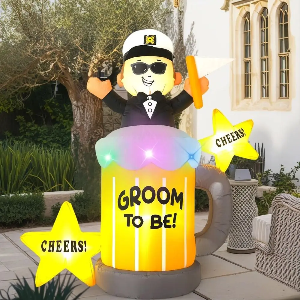 6FT Bachelor Party Standing Gentleman on Beer Mug, Built-in LED Lights and Colorful Rotating Lights, Outdoor Iatable Decorations
6FT Bachelor Party Standing Gentleman on Beer Mug, Built-in LED Lights and Colorful Rotating Lights, Outdoor Iatable Decorations