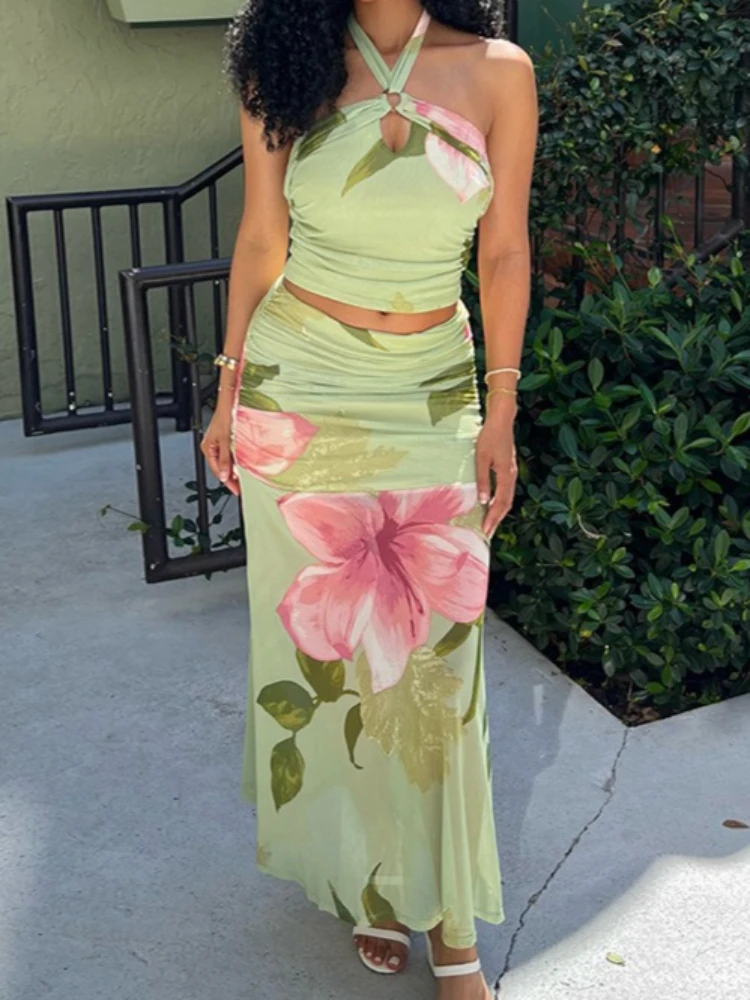 Foamlina Women 2 Piece Set Floral Print Halter Crop Top & Maxi Skirt Set Green Mesh Ruched Bodycon Summer Party Club Y2K Outfits
Foamlina Women 2 Piece Set Floral Print Halter Crop Top & Maxi Skirt Set Green Mesh Ruched Bodycon Summer Party Club Y2K Outfits