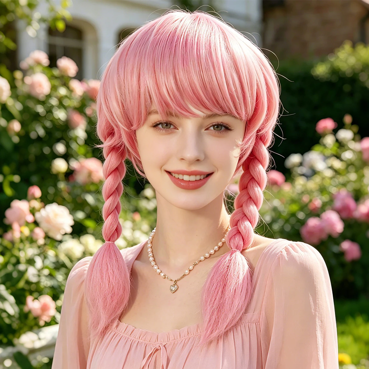 Pink Short Synthetic Wig Straight Bangs Twin Braids Fluffy Tips Kawaii Lolita Anime Cosplay for Halloween Party
Pink Short Synthetic Wig Straight Bangs Twin Braids Fluffy Tips Kawaii Lolita Anime Cosplay for Halloween Party