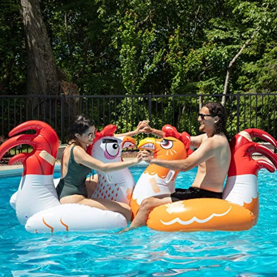 Outdoor swimming pool float game set with chicken-shaped inflatable battle ride-ons in yellow and red, made of durable PVC mate
Outdoor swimming pool float game set with chicken-shaped inflatable battle ride-ons in yellow and red, made of durable PVC mate